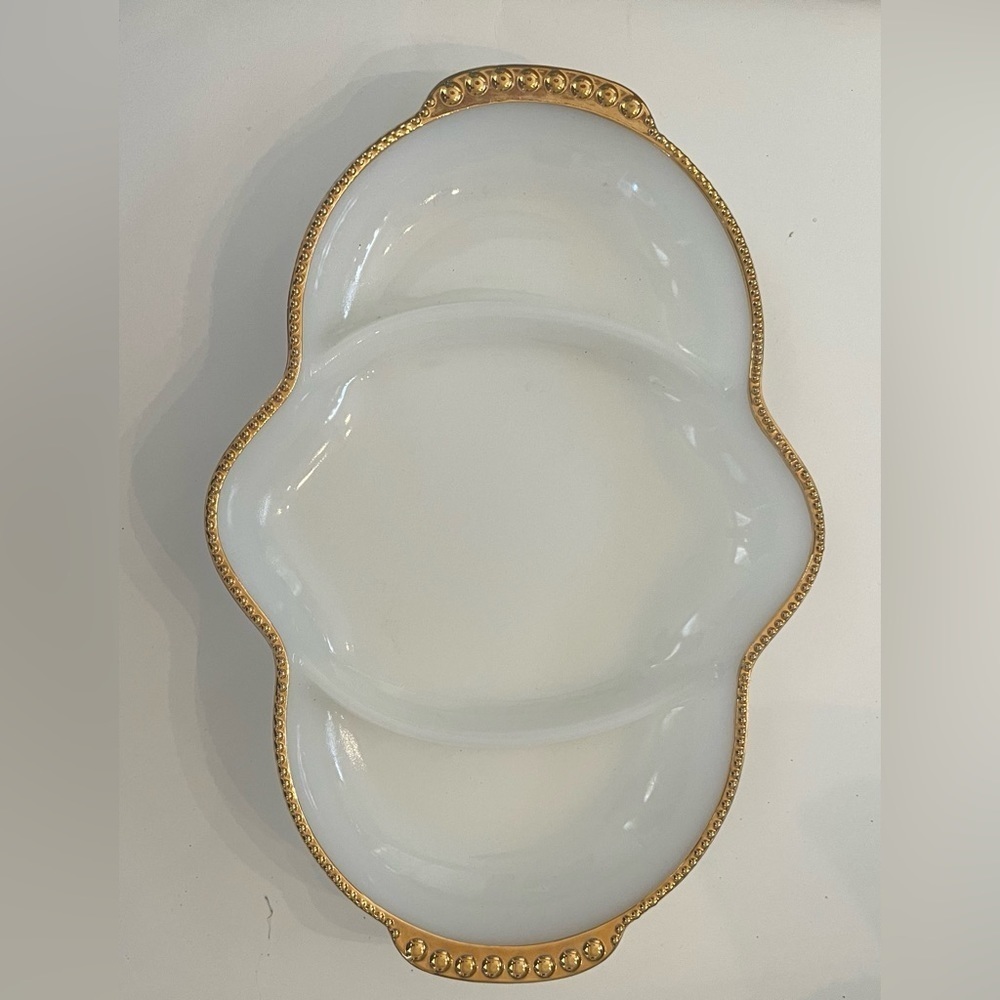 Fire king gold accented ceramic 3 section bowl